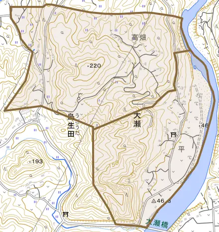 大字大瀬とその周辺の地図。町の範囲を重ねている