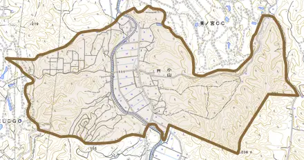 大字小山とその周辺の地図。町の範囲を重ねている