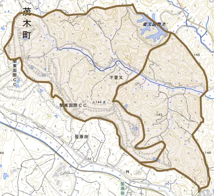 大字下菅又とその周辺の地図。町の範囲を重ねている