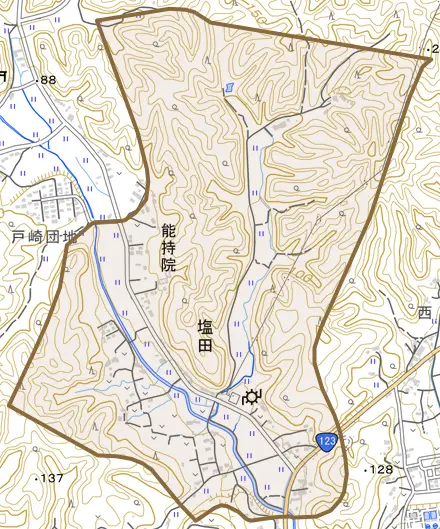 大字塩田とその周辺の地図。町の範囲を重ねている