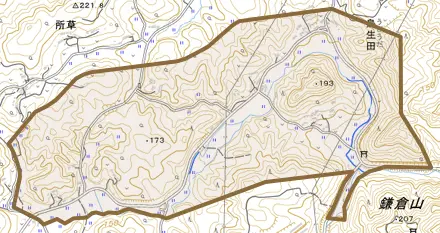 大字烏生田とその周辺の地図。町の範囲を重ねている