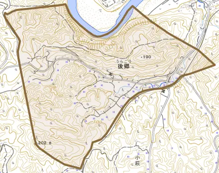 大字後郷とその周辺の地図。町の範囲を重ねている