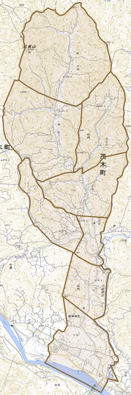 大字山内とその周辺の地図。町の範囲を重ねている