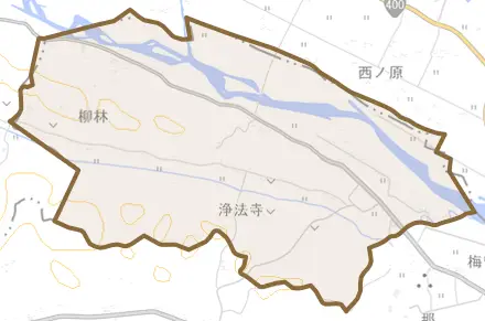 浄法寺とその周辺の地図。町の範囲を重ねている