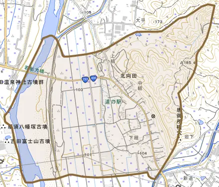 北向田とその周辺の地図。町の範囲を重ねている