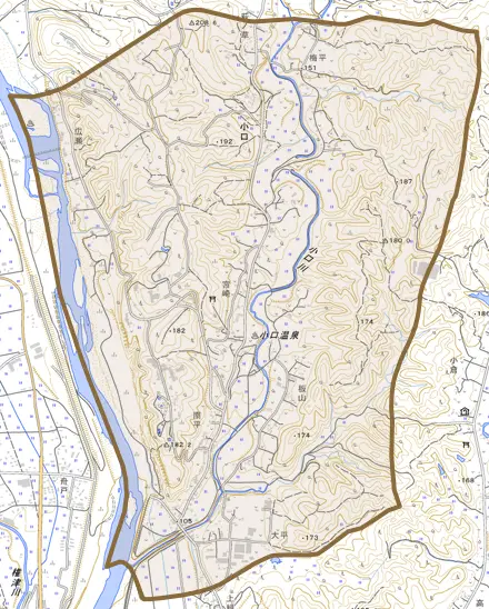 小口とその周辺の地図。町の範囲を重ねている
