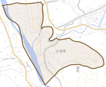 久那瀬とその周辺の地図。町の範囲を重ねている