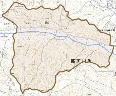 薬利とその周辺の地図。町の範囲を重ねている