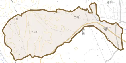 三輪とその周辺の地図。町の範囲を重ねている