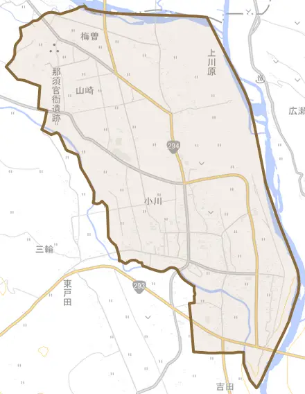 小川とその周辺の地図。町の範囲を重ねている