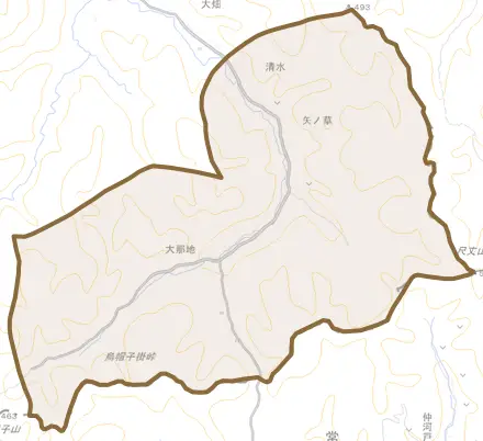 大那地とその周辺の地図。町の範囲を重ねている