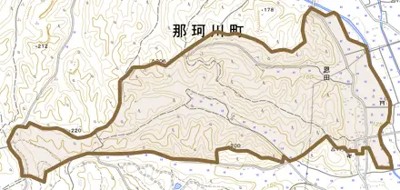 恩田とその周辺の地図。町の範囲を重ねている
