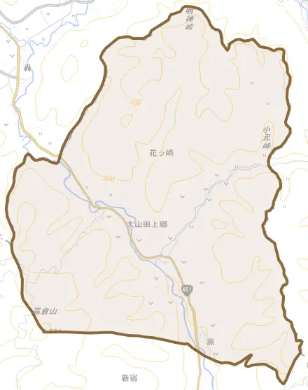 大山田上郷とその周辺の地図。町の範囲を重ねている