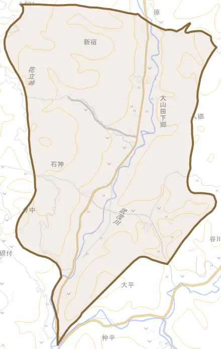 大山田下郷とその周辺の地図。町の範囲を重ねている