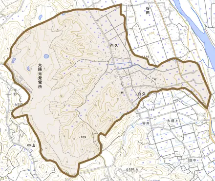 白久とその周辺の地図。町の範囲を重ねている