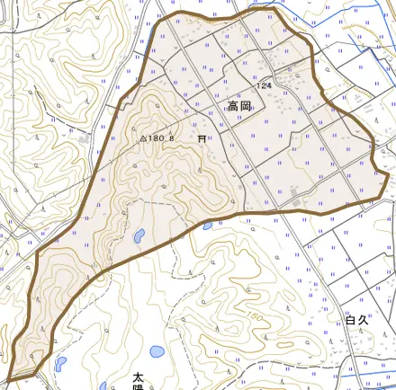 高岡とその周辺の地図。町の範囲を重ねている