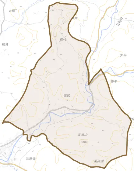 健武とその周辺の地図。町の範囲を重ねている