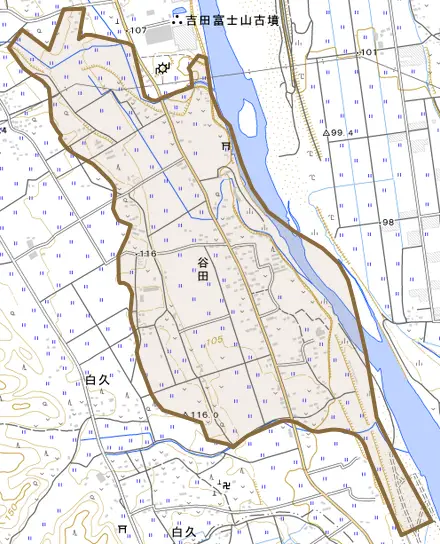 谷田とその周辺の地図。町の範囲を重ねている