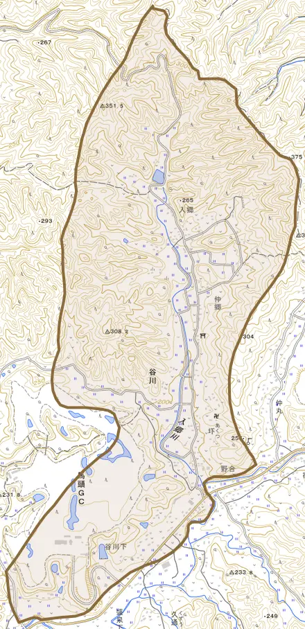 谷川とその周辺の地図。町の範囲を重ねている