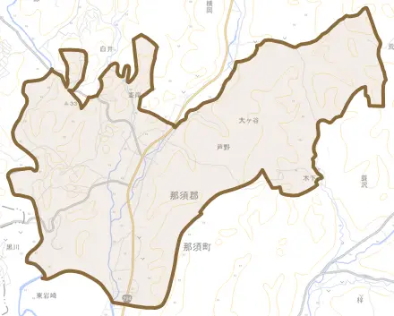 大字芦野とその周辺の地図。町の範囲を重ねている