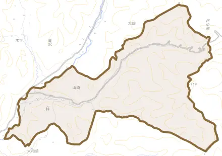 大字梓とその周辺の地図。町の範囲を重ねている