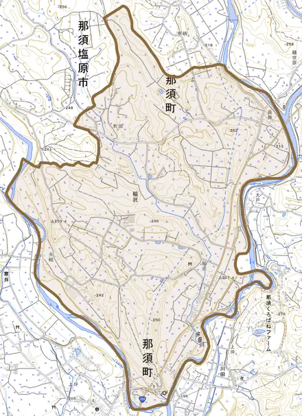 大字稲沢とその周辺の地図。町の範囲を重ねている