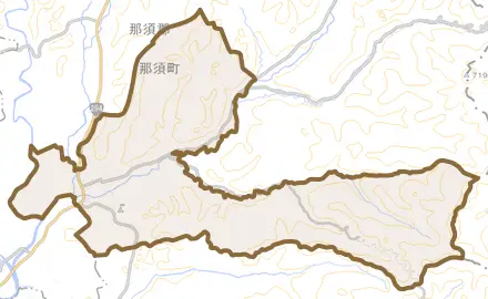 大字伊王野とその周辺の地図。町の範囲を重ねている