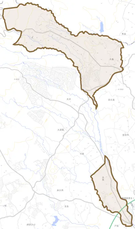 大字大島とその周辺の地図。町の範囲を重ねている