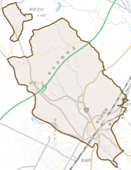 大字高久甲とその周辺の地図。町の範囲を重ねている