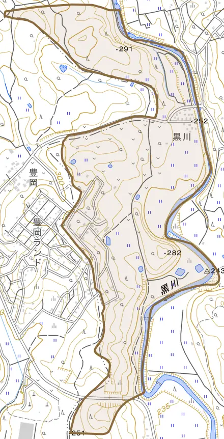 大字寺子とその周辺の地図。町の範囲を重ねている