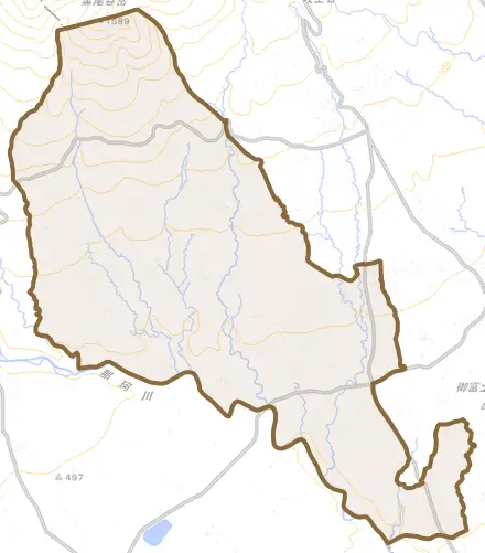 大字高久乙とその周辺の地図。町の範囲を重ねている