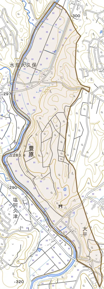 大字豊原とその周辺の地図。町の範囲を重ねている