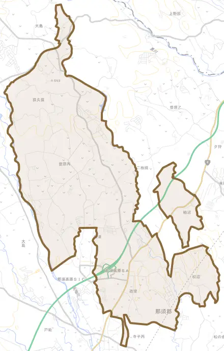 大字豊原丙とその周辺の地図。町の範囲を重ねている