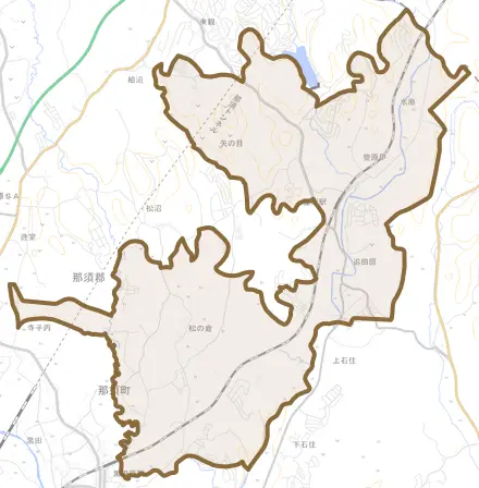 大字豊原甲とその周辺の地図。町の範囲を重ねている