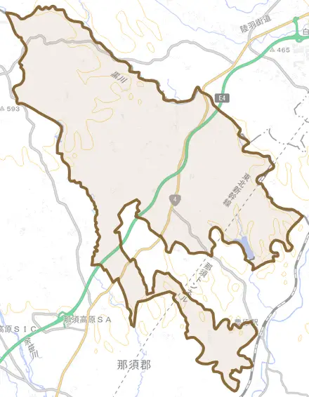 大字豊原乙とその周辺の地図。町の範囲を重ねている