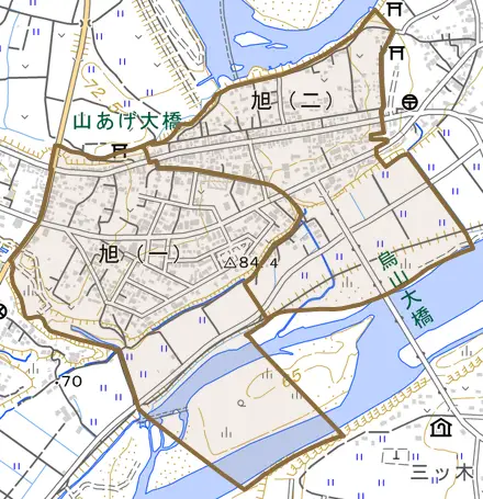 旭とその周辺の地図。町の範囲を重ねている