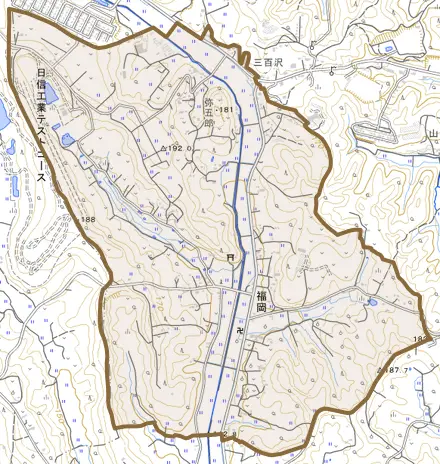 福岡とその周辺の地図。町の範囲を重ねている