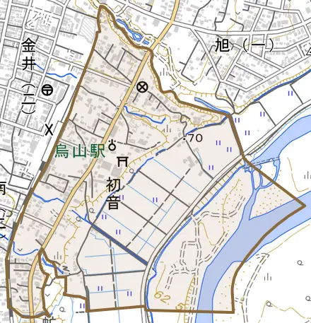 初音とその周辺の地図。町の範囲を重ねている