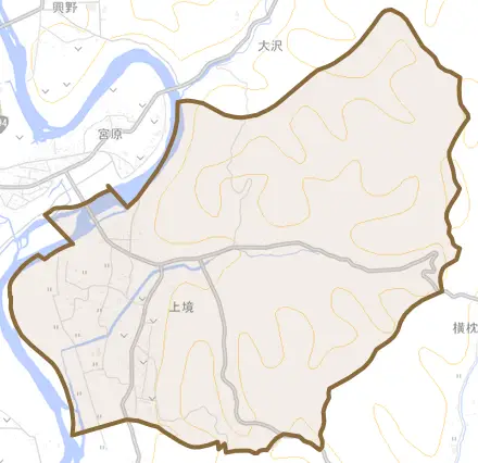 上境とその周辺の地図。町の範囲を重ねている
