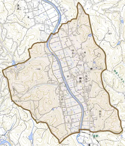 神長とその周辺の地図。町の範囲を重ねている