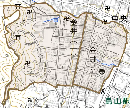 金井とその周辺の地図。町の範囲を重ねている