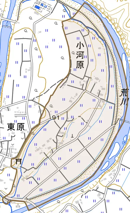 小河原とその周辺の地図。町の範囲を重ねている