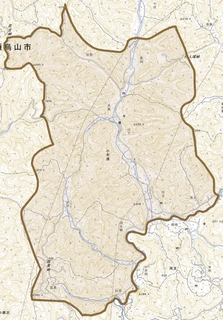 小木須とその周辺の地図。町の範囲を重ねている