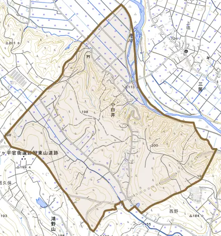 小白井とその周辺の地図。町の範囲を重ねている