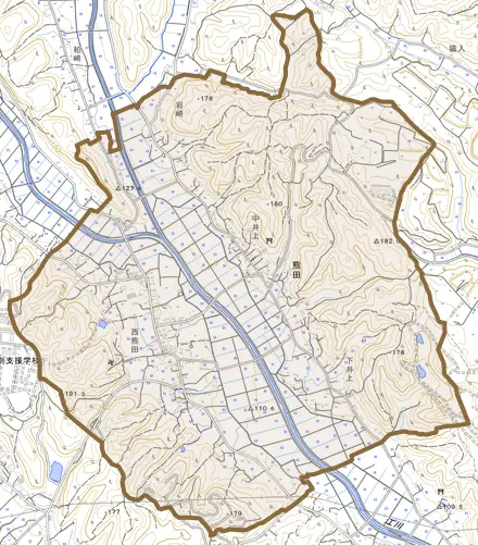 熊田とその周辺の地図。町の範囲を重ねている