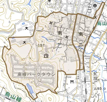 南とその周辺の地図。町の範囲を重ねている