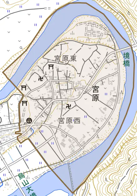 宮原とその周辺の地図。町の範囲を重ねている