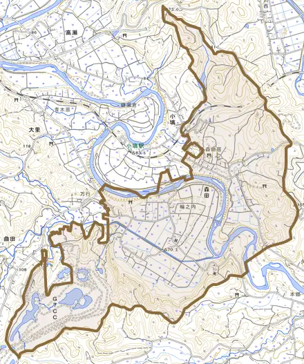 森田とその周辺の地図。町の範囲を重ねている