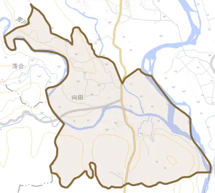 向田とその周辺の地図。町の範囲を重ねている