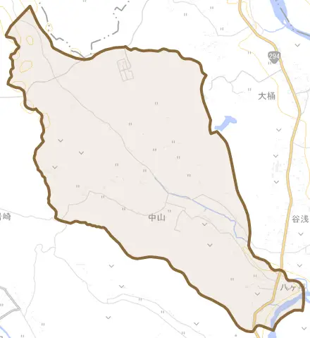 中山とその周辺の地図。町の範囲を重ねている